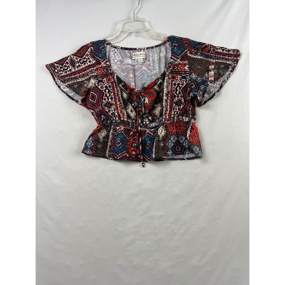 Idyllwind Crop Top Women M Brown Rust Geometric Patchwork Boho Peplum Tie Front